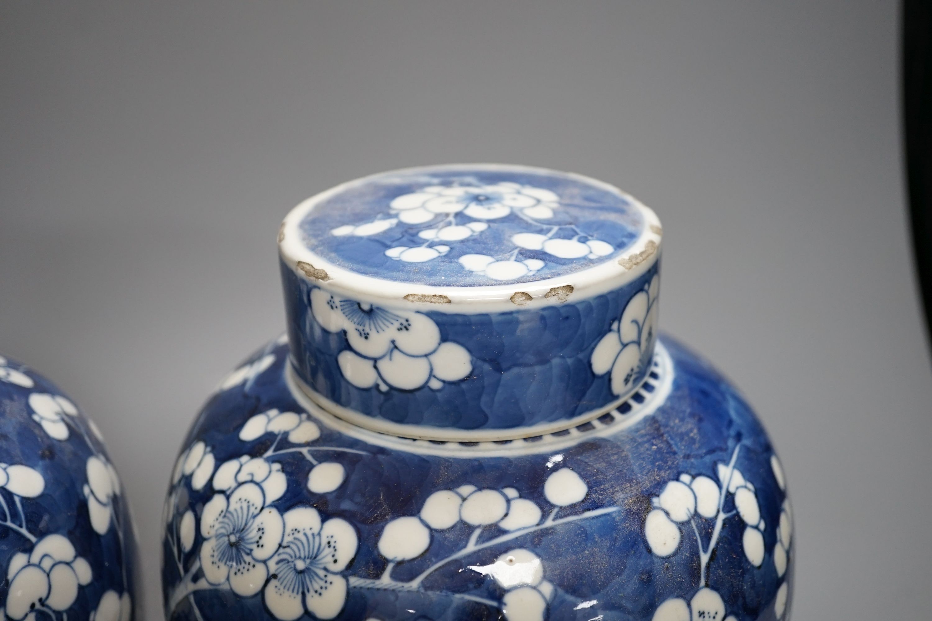 A pair of Chinese blue and white ginger jars and covers, 22 cms high including cover.